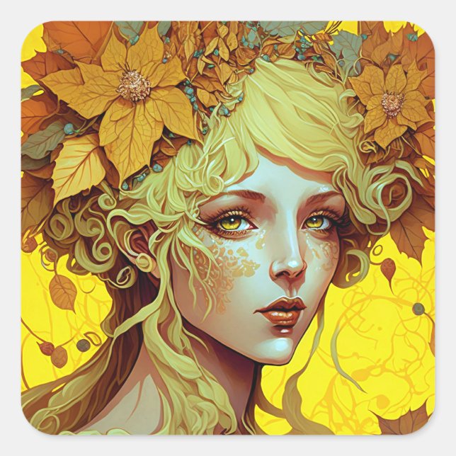 Pegatina Cuadrada Golden Elf Fairy Fae Fantasy Art (Anverso)