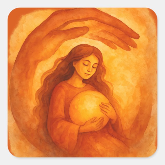 Pegatina Cuadrada Golden Girl Holding Light Warm Protective Art (Anverso)