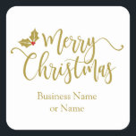 Pegatina Cuadrada Golden Merry Christmas Wimshical Typography Quote<br><div class="desc">Golden Merry Christmas Wimshical Typography Quote Classic Sticker. This sticker design to personalize your Christmas gifts has a text simulating gold with a golden and red holly. It is perfect to place on your Christmas gifts or Kings and you can also add the name of your business or your own...</div>