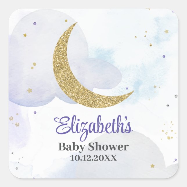 Pegatina Cuadrada Golden Purpurina Moon Baby Shower (Anverso)