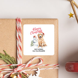 PEGATINA CUADRADA GOLDEN RETRIEVE NIEVE MERRY NAVIDAD PERSONALIZADO