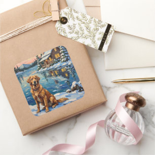 Pegatina Cuadrada Golden Retriever Antiguo junto al Lago en Navidad