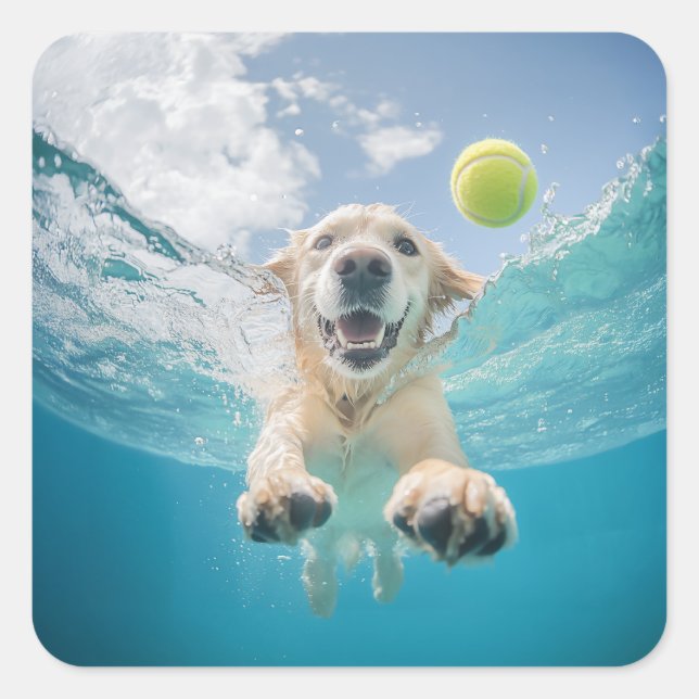 Pegatina Cuadrada Golden Retriever Buving Tennis Ball Underwater (Anverso)