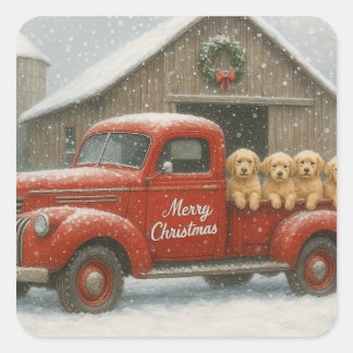 Pegatina Cuadrada Golden Retriever Christmas Puppies in Old Truck