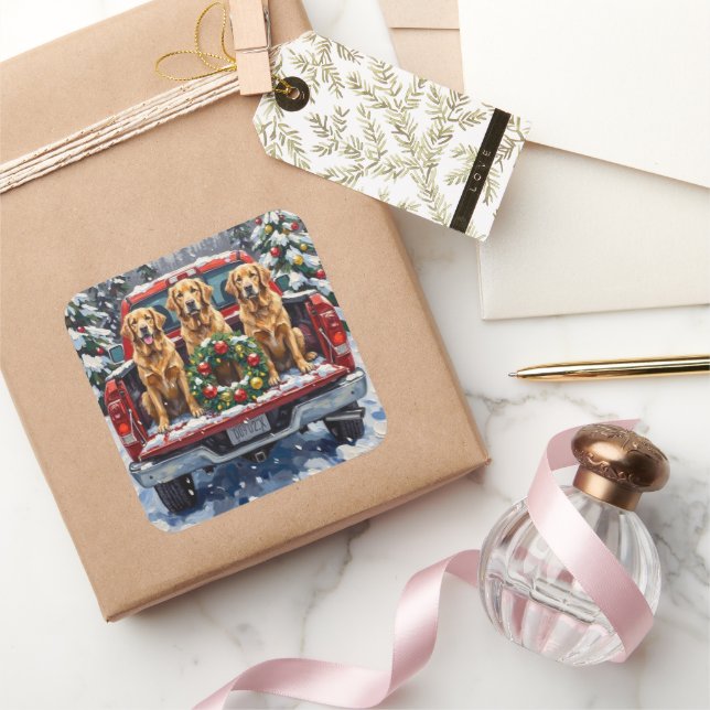 Pegatina Cuadrada Golden Retriever Christmas Red Truck Holiday (Regalar)