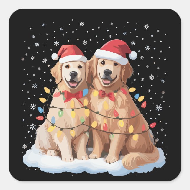 Pegatina Cuadrada Golden Retriever Christmas Santa Hat Reindeer  (Anverso)