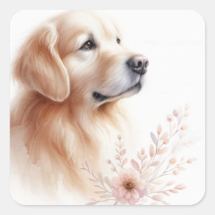 Pegatina Cuadrada Golden Retriever con acuarela de flores
