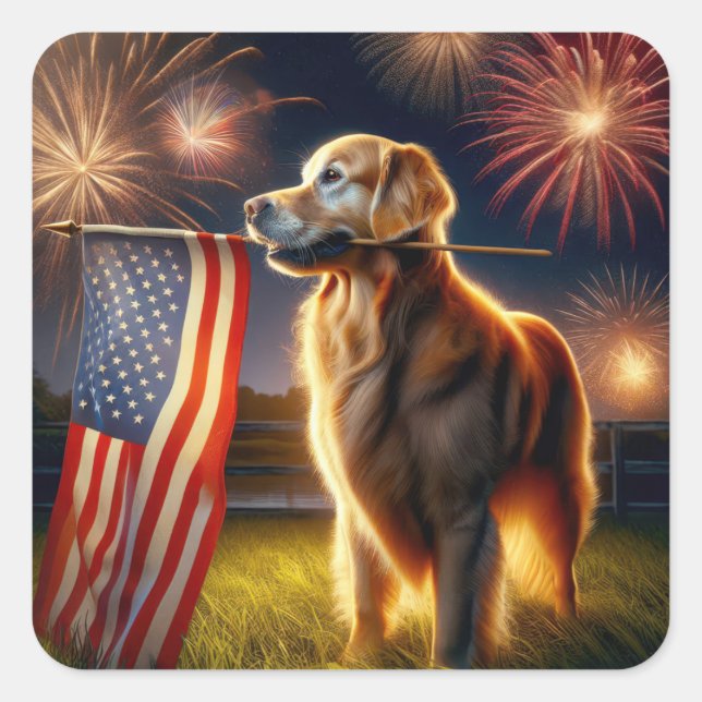 Pegatina Cuadrada Golden Retriever con bandera estadounidense (Anverso)