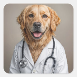 Pegatina Cuadrada Golden Retriever con bata blanca de médico
