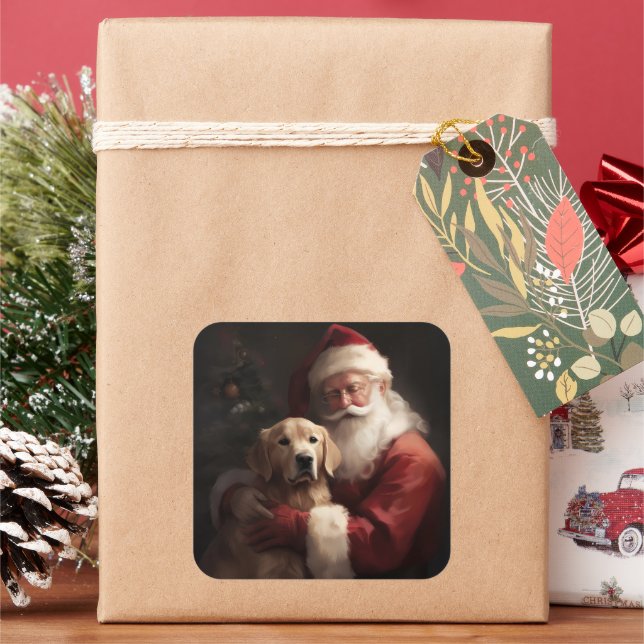 Pegatina Cuadrada Golden Retriever Con Navidades De Santa Clause (Vacaciones)