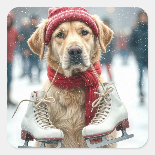 Pegatina Cuadrada Golden Retriever Con Patines De Hielo (Anverso)
