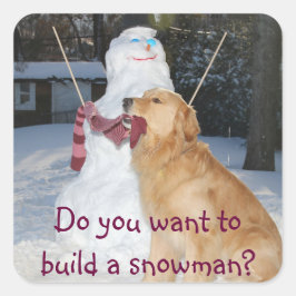 Pegatina Cuadrada Golden Retriever Construye Un Hombre De Nieve