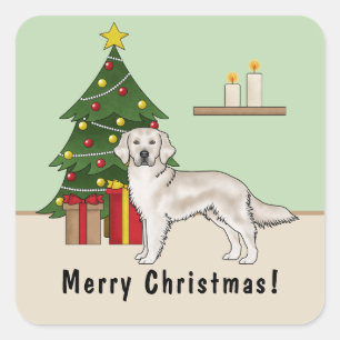 Pegatina Cuadrada Golden Retriever Crema Inglés con árbol de Navidad