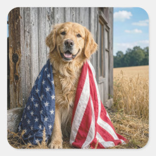 Pegatina Cuadrada Golden Retriever cubierto con una bandera estadoun