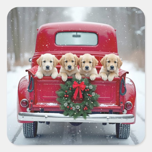Pegatina Cuadrada Golden Retriever Cuppies En Camión De Navidades (Anverso)
