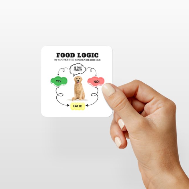 Pegatina Cuadrada Golden Retriever Custom Name Food Logic Flowchart (Add name to customize. See collection for other items with same design.)