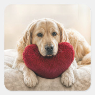 Pegatina Cuadrada Golden Retriever de San Valentín con almohada de c