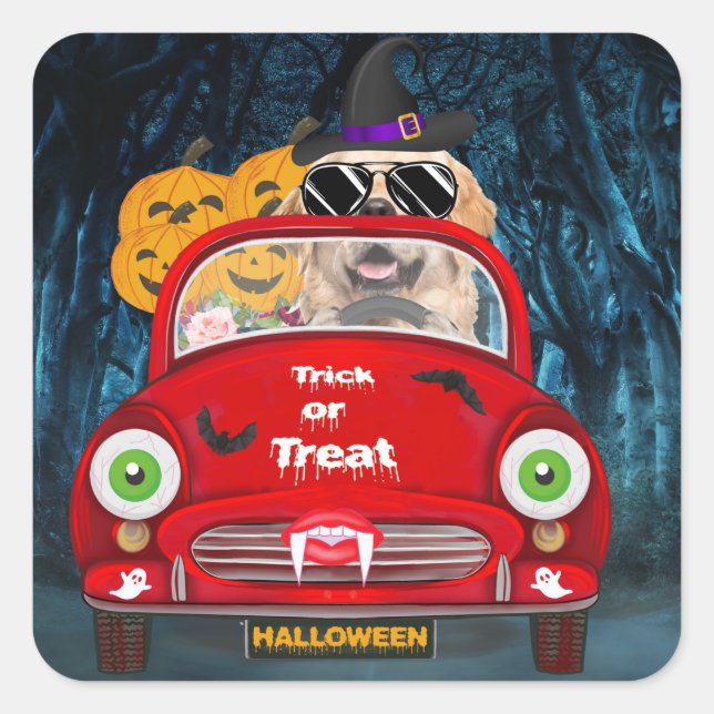 Pegatina Cuadrada Golden Retriever Dog Driing Car Sasuy Halloween (Anverso)
