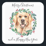 Pegatina Cuadrada Golden Retriever Elegant Dog Merry Christmas<br><div class="desc">Añada el toque final a sus tarjetas de vacaciones, regalos envueltos o fiestas esta temporada navideña con este elegante recuperador de oro de Feliz Navidad en un diseño de corona pegatinas de navidad y decoración a juego. Este pegatina vacacional de recuperación dorada cuenta con un perro acuarela en una corona...</div>