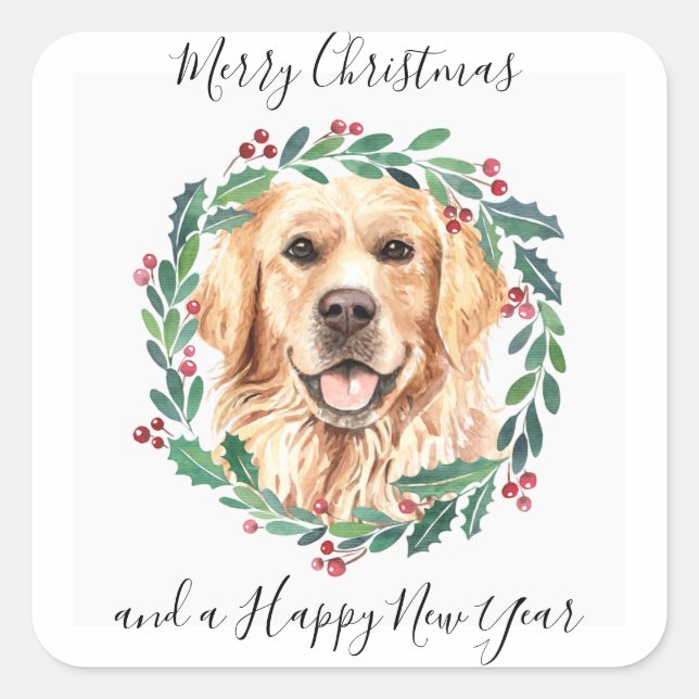 Pegatina Cuadrada Golden Retriever Elegant Dog Merry Christmas (Anverso)