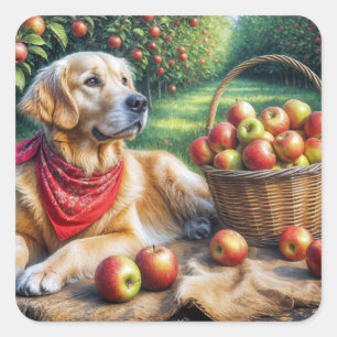Pegatina Cuadrada Golden Retriever En El Huerto De Apple