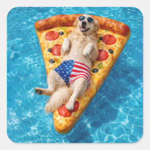 Pegatina Cuadrada Golden Retriever en un colchón inflable de pizza