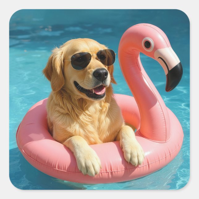 Pegatina Cuadrada Golden Retriever Floating On a Flamingo Pool Toy (Anverso)