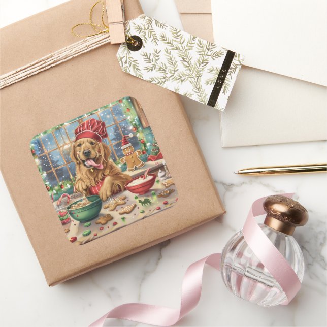 Pegatina Cuadrada Golden Retriever Holiday Baking: Navidades festivo (Regalar)