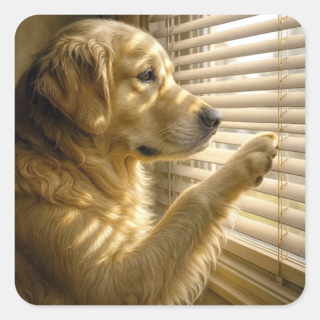 Pegatina Cuadrada Golden Retriever Mirando a Través de las Persianas (Anverso)