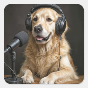 Pegatina Cuadrada Golden Retriever Presentando un Podcast