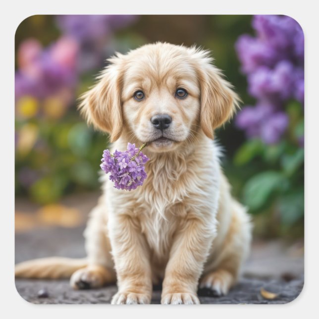 Pegatina Cuadrada Golden Retriever Puppy Con Lilacs (Anverso)
