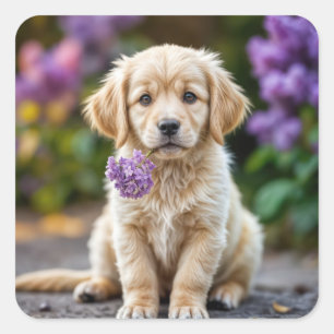 Pegatina Cuadrada Golden Retriever Puppy Con Lilacs
