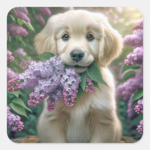 Pegatina Cuadrada Golden Retriever Puppy Con Lilacs