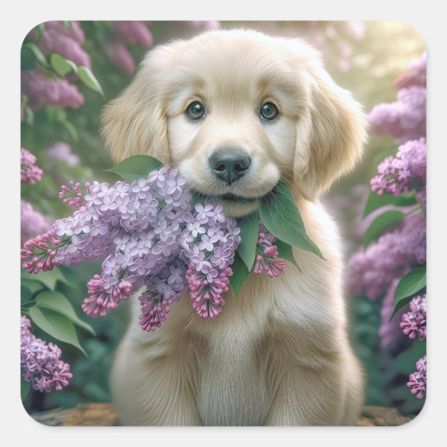 Pegatina Cuadrada Golden Retriever Puppy Con Lilacs (Anverso)