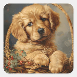 Pegatina Cuadrada Golden Retriever Puppy en una cesta