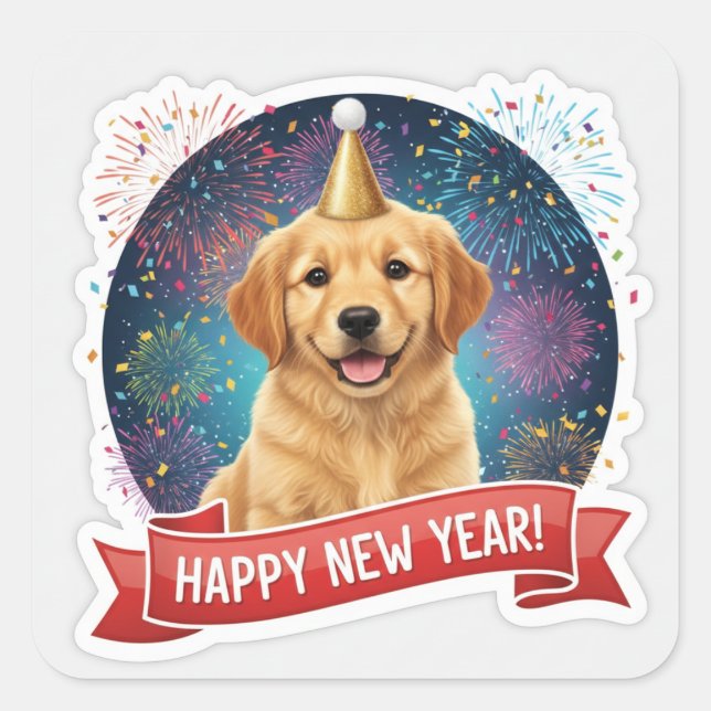 Pegatina Cuadrada Golden Retriever Puppy New Year Sticker (Anverso)