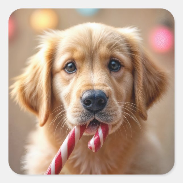 Pegatina Cuadrada Golden Retriever Puppy With a Candy Cane (Anverso)