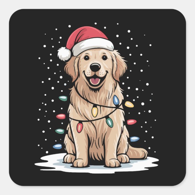 Pegatina Cuadrada Golden Retriever Santa Christmas Tree Lights (Anverso)