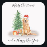 Pegatina Cuadrada Golden Retriever Santa Dog Merry Christmas<br><div class="desc">Añada el toque final a sus tarjetas de vacaciones, regalos envueltos o fiestas esta temporada navideña con estos elegantes stickers de navidad dorada santa perro navideña y decoración a juego. Este pegatina vacacional de recuperación dorada cuenta con un perro acuarela en un sombrero y un árbol de santa. Estos pegatinas...</div>