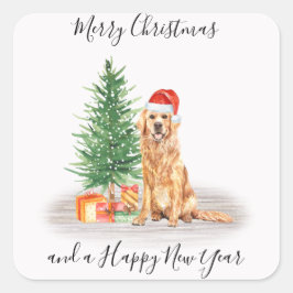 Pegatina Cuadrada Golden Retriever Santa Dog Merry Christmas