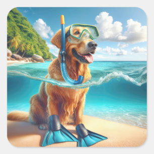 Pegatina Cuadrada Golden Retriever Scuba Diver