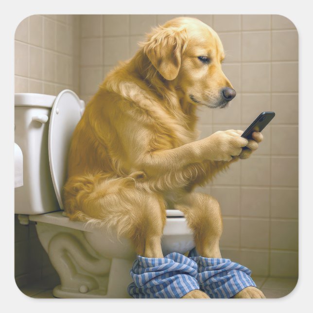 Pegatina Cuadrada Golden Retriever Texting on a Toilet (Anverso)