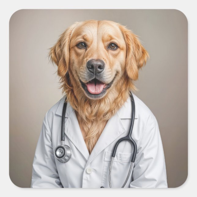 Pegatina Cuadrada Golden Retriever Wearing a White Doctor's Coat (Anverso)