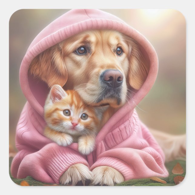 Pegatina Cuadrada Golden Retriever y Kitten in Pink Hoodie (Anverso)