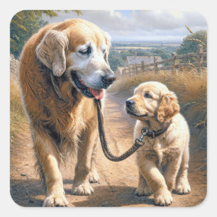 Pegatina Cuadrada Golden Retrievers caminando por un camino rural