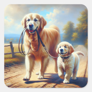 Pegatina Cuadrada Golden Retrievers fuera para un paseo
