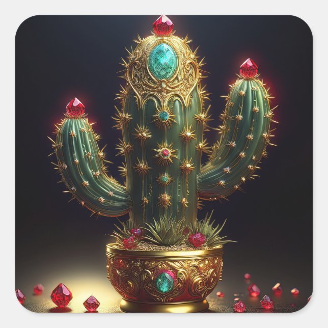 Pegatina Cuadrada Golden Saguaro Cactus With Embedded Rubies (Anverso)