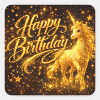 Pegatina Cuadrada Golden Stardust Birthday — Fantasy Unicorn