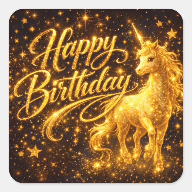 Pegatina Cuadrada Golden Stardust Birthday — Fantasy Unicorn (Anverso)