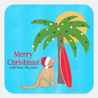 Pegatina Cuadrada Golden Surf Dog Palm Tree Sunshine Christmas